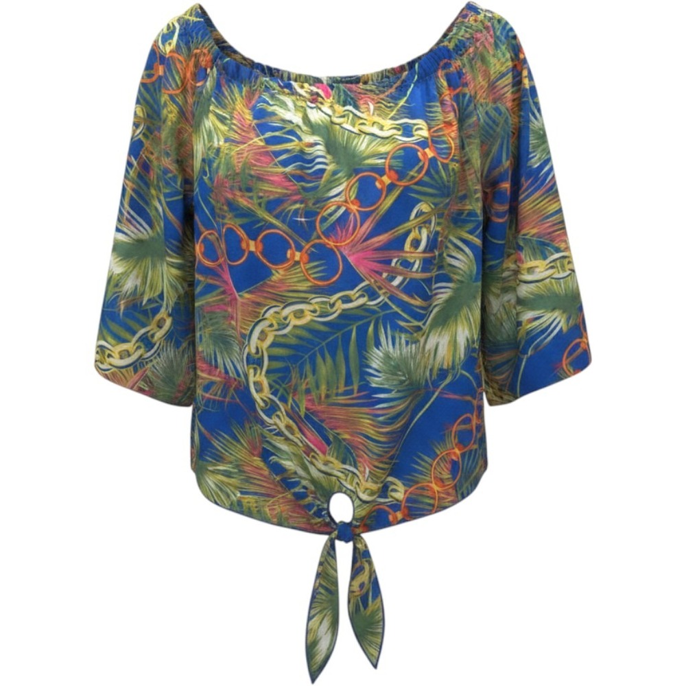 Ashley Stewart Tropical Palm Chain Off Shoulder Tie Front Blouse Blue 14/16